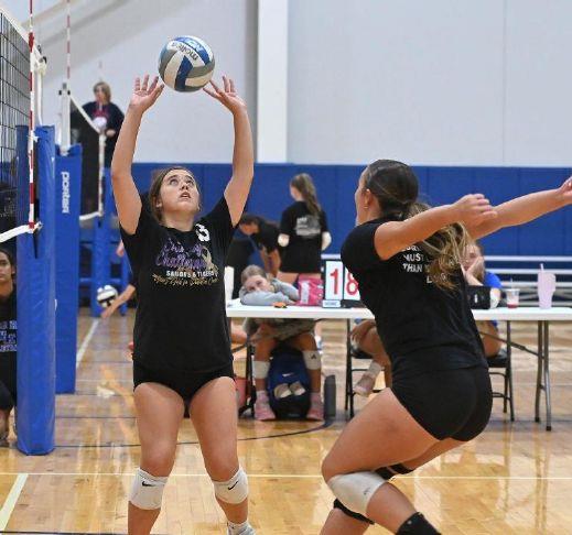 Vermilion\'s Elyse Myntti, left, sets to hitter Emma Gebhardt during the Summer Spiketacular at Cedar Point Sports Center on Friday, July 17, 2026.