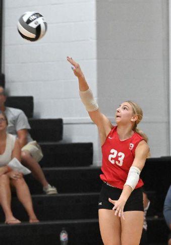 Bellevue\'s Jocelynn Heuring serves the ball during a match at Perkins High School on Monday, Aug. 31, 2026.